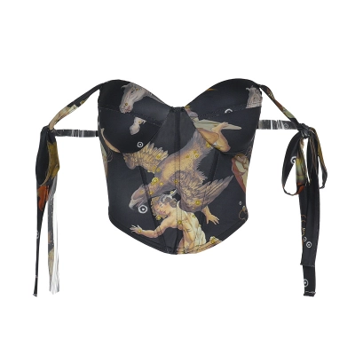 Vintage Oil Painting Print Spaghetti Strap Top with Cinched Waist Tie 01