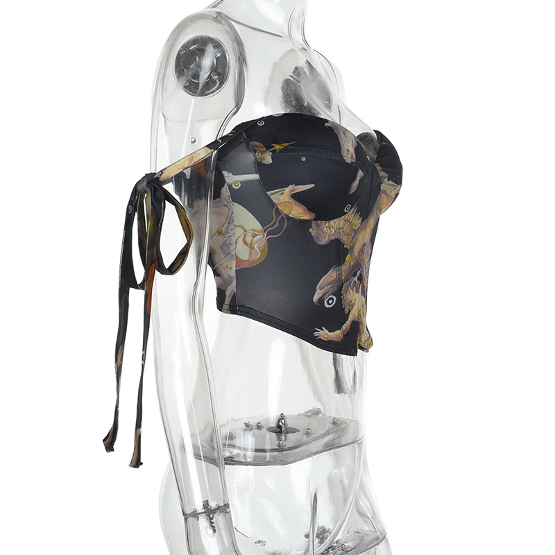 Vintage Oil Painting Print Spaghetti Strap Top with Cinched Waist Tie