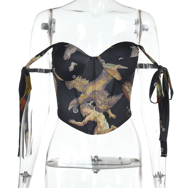 Vintage Oil Painting Print Spaghetti Strap Top with Cinched Waist Tie