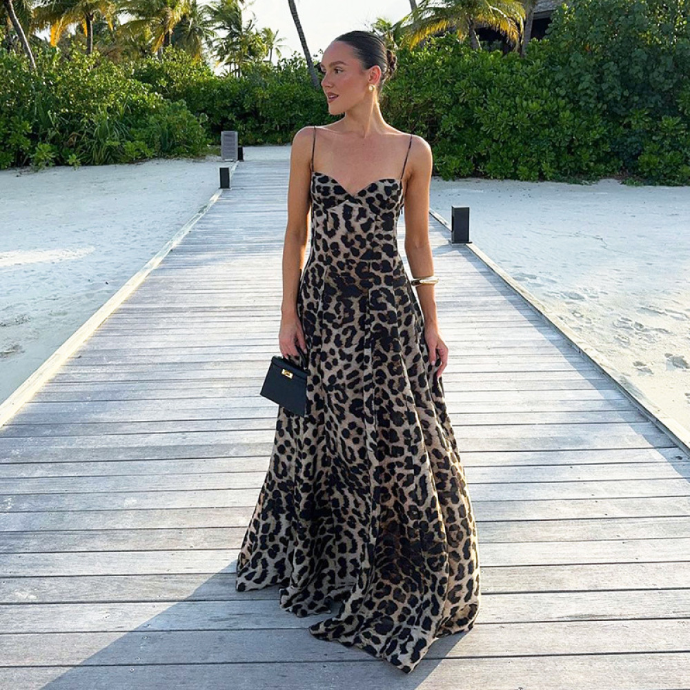 2025 Spring Summer New Women's Leopard Print Spaghetti Strap Dress