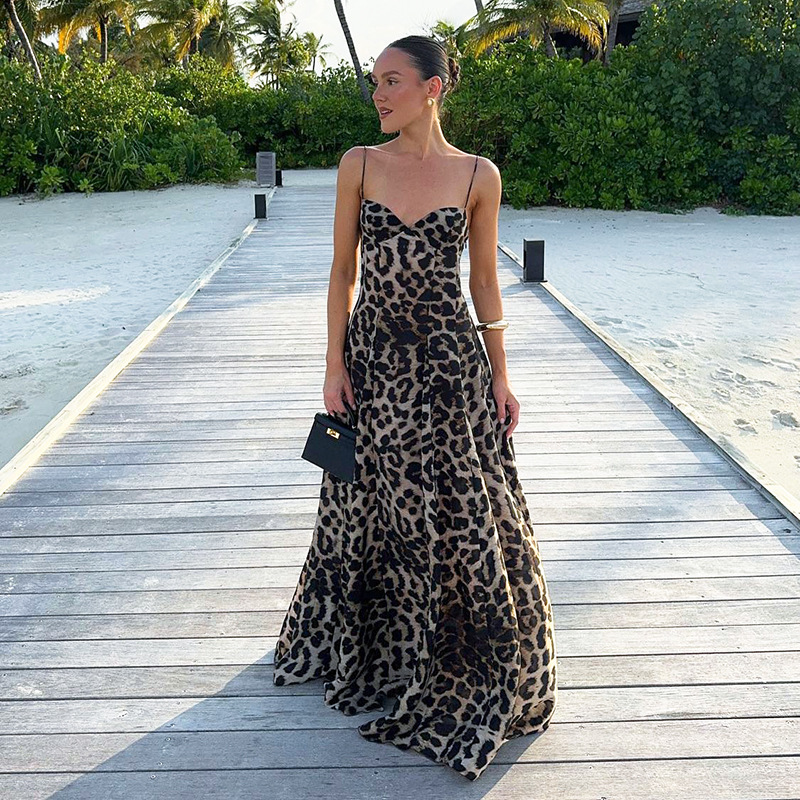 2025 Spring Summer New Women's Leopard Print Spaghetti Strap Dress