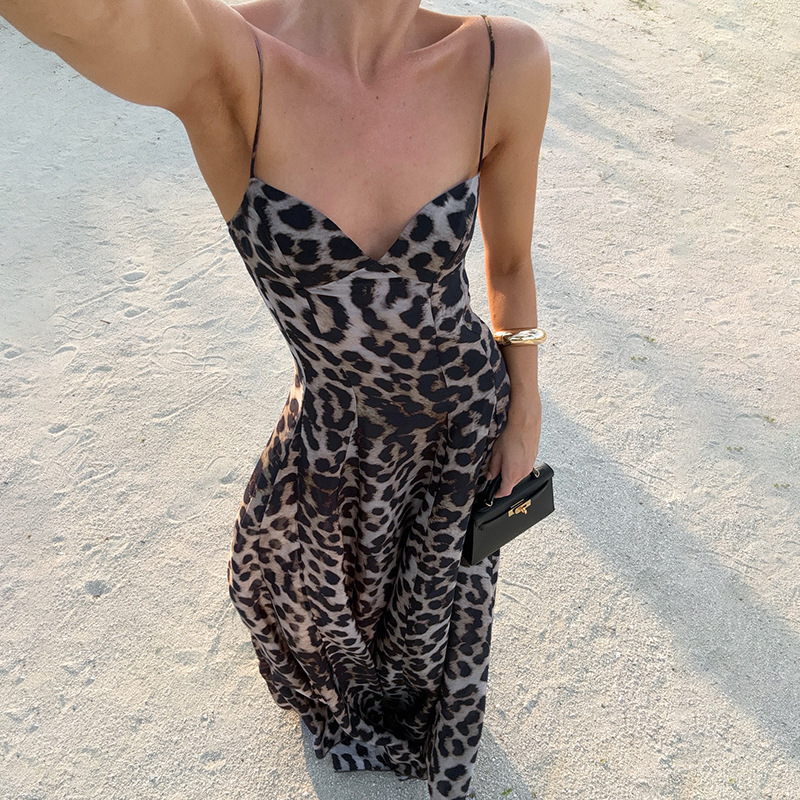 2025 Spring Summer New Women's Leopard Print Spaghetti Strap Dress
