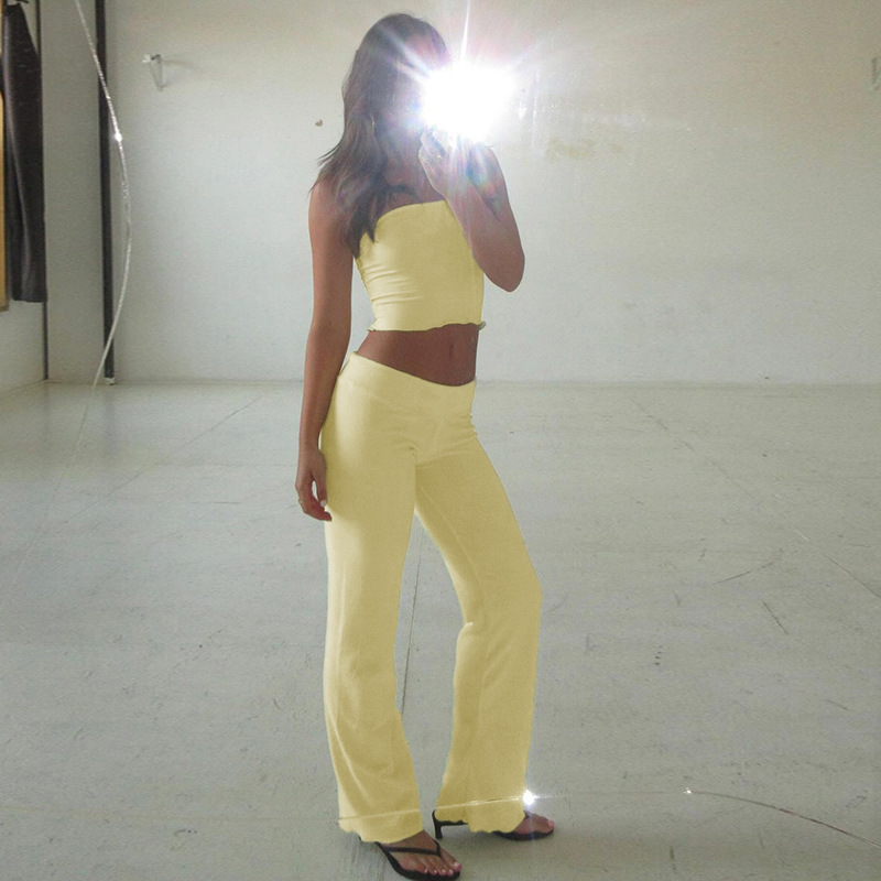  Solid Color Tube Top & Long Pant Matching Set