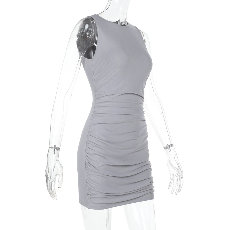 Round Neck Mesh-Panel Slip Dress with Contoured Cut