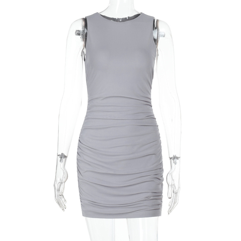 Round Neck Mesh-Panel Slip Dress with Contoured Cut