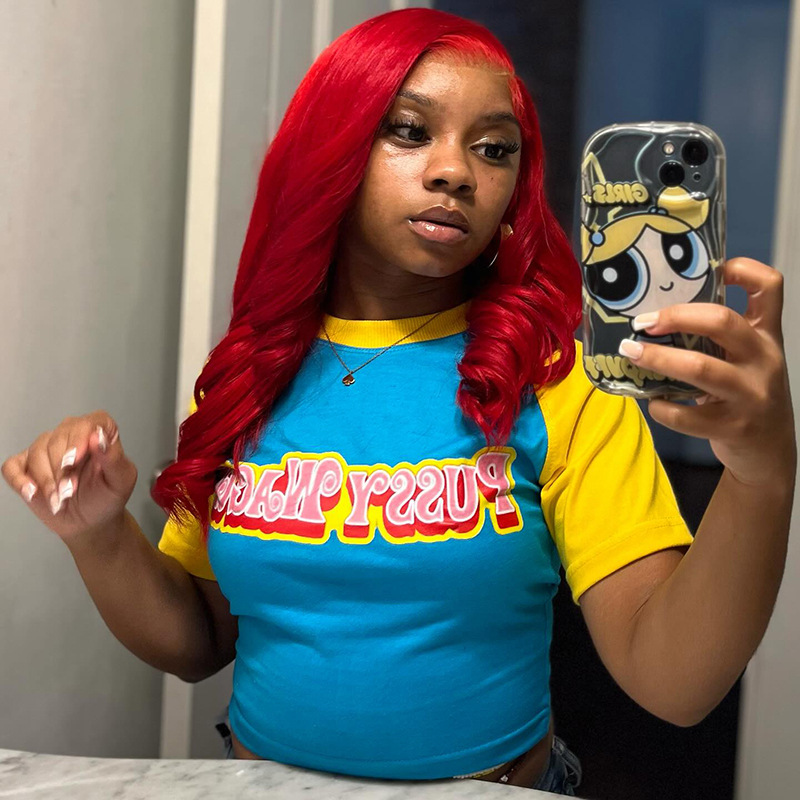 Graphic Letter Print Color-Block Cropped Crew Neck Pullover