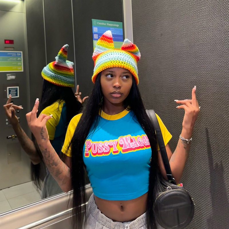 Graphic Letter Print Color-Block Cropped Crew Neck Pullover