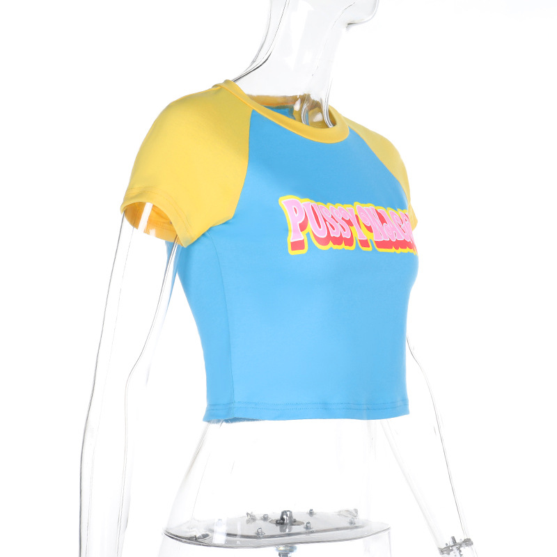 Graphic Letter Print Color-Block Cropped Crew Neck Pullover