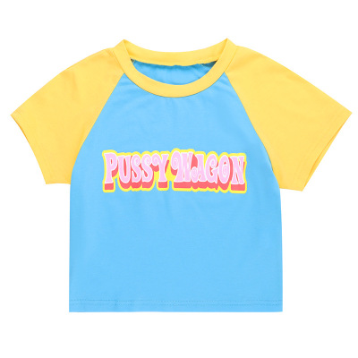 Graphic Letter Print Color-Block Cropped Crew Neck Pullover 01