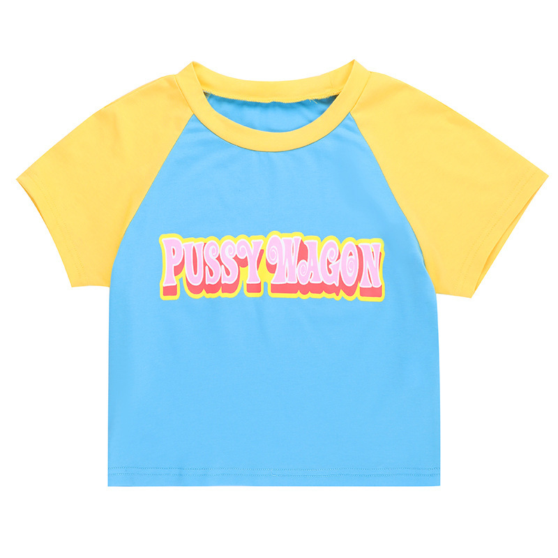 Graphic Letter Print Color-Block Cropped Crew Neck Pullover