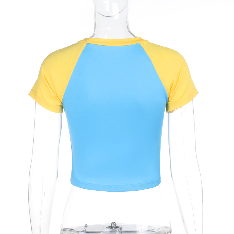 Graphic Letter Print Color-Block Cropped Crew Neck Pullover