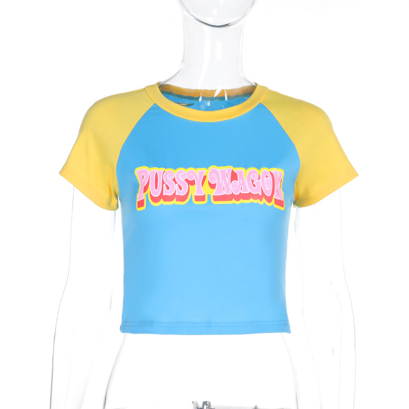 Graphic Letter Print Color-Block Cropped Crew Neck Pullover