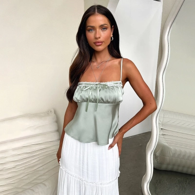 Satin-Finish Ruched Spaghetti Strap Top 02