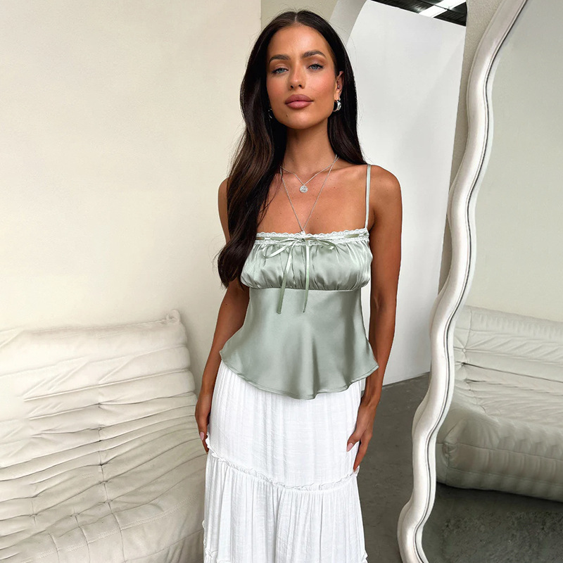 Satin-Finish Ruched Spaghetti Strap Top