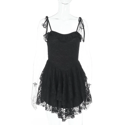 Black Lace-Insert Spaghetti Strap Mini Dress 01