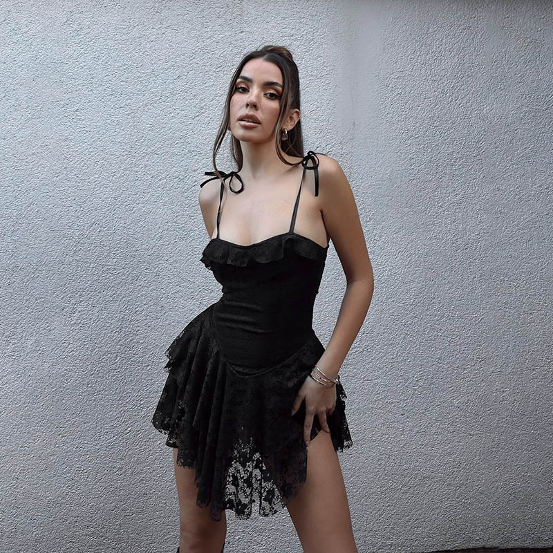 Black Lace-Insert Spaghetti Strap Mini Dress
