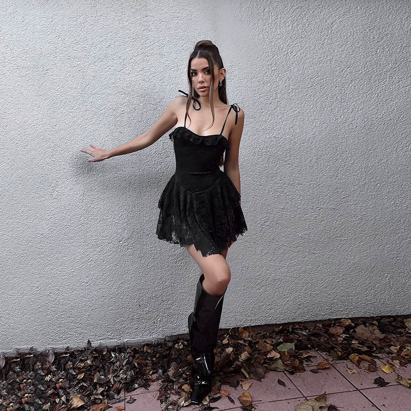 Black Lace-Insert Spaghetti Strap Mini Dress