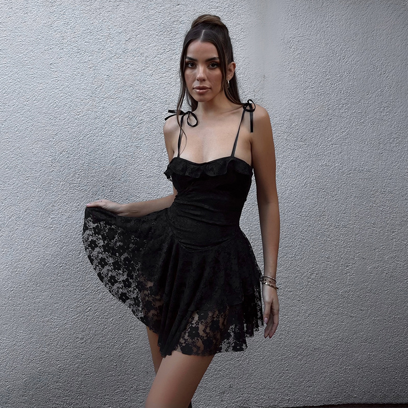 Black Lace-Insert Spaghetti Strap Mini Dress