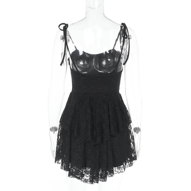 Black Lace-Insert Spaghetti Strap Mini Dress