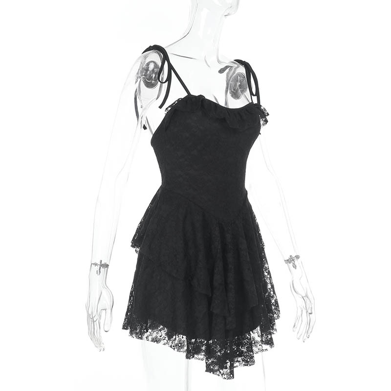 Black Lace-Insert Spaghetti Strap Mini Dress