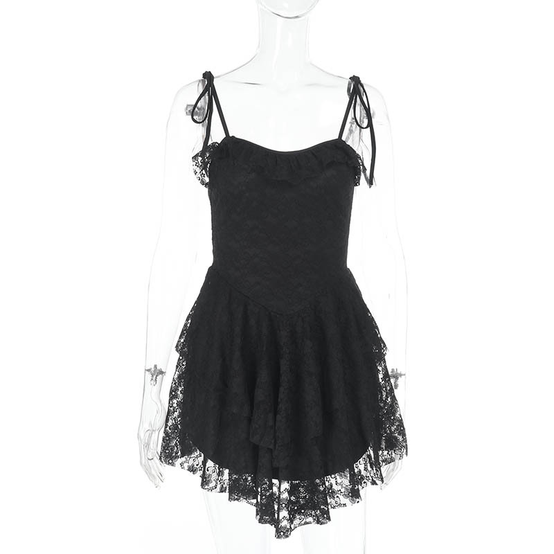 Black Lace-Insert Spaghetti Strap Mini Dress