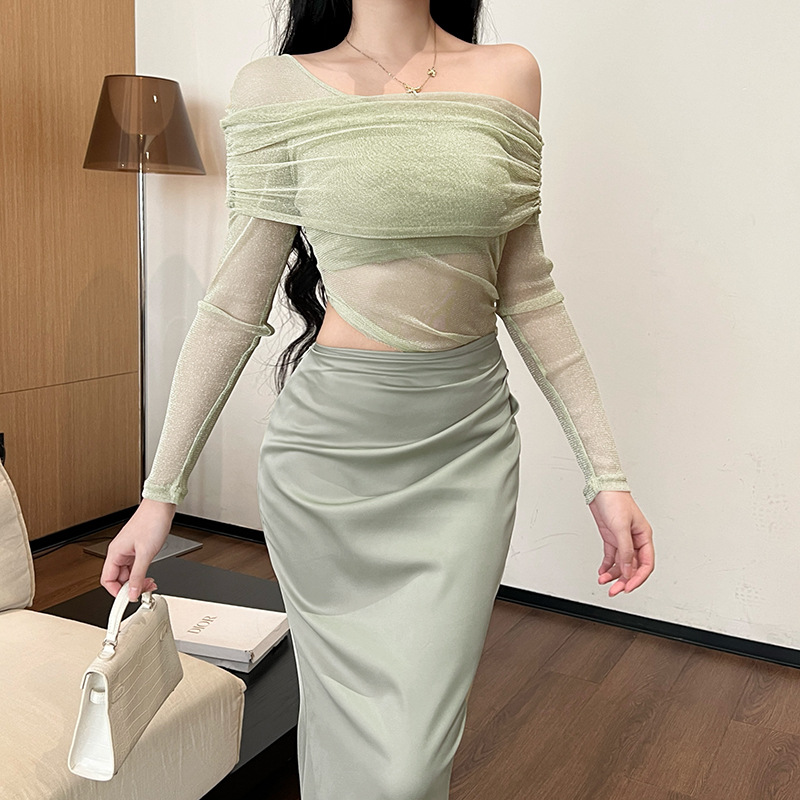  Off-the-Shoulder Mesh Panel Long Sleeve Maxi Dress