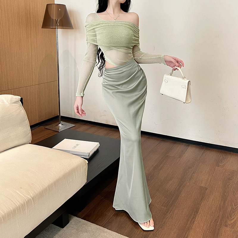  Off-the-Shoulder Mesh Panel Long Sleeve Maxi Dress
