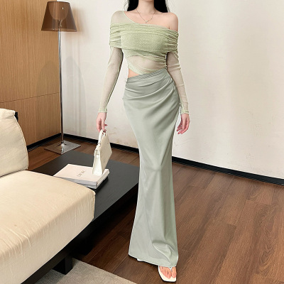  Off-the-Shoulder Mesh Panel Long Sleeve Maxi Dress 02