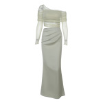  Off-the-Shoulder Mesh Panel Long Sleeve Maxi Dress