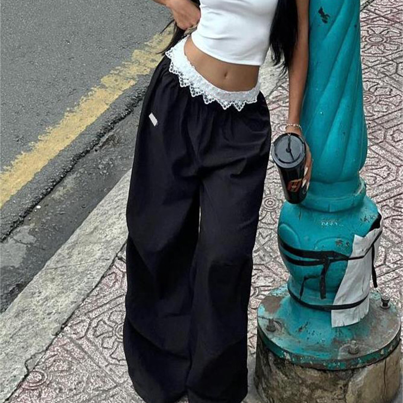 Lace Trim Contrast Waistband Utility Pants