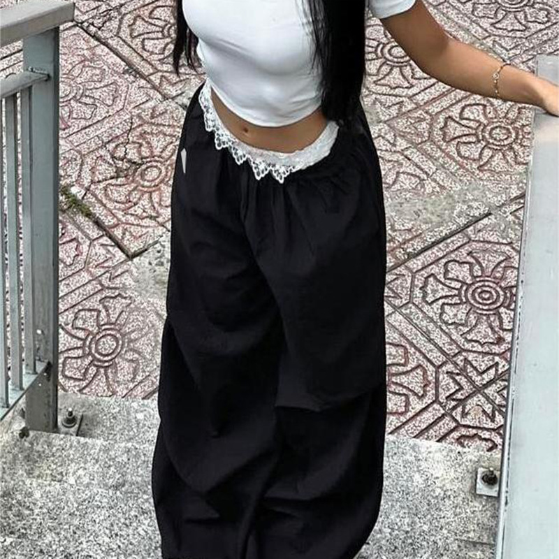 Lace Trim Contrast Waistband Utility Pants