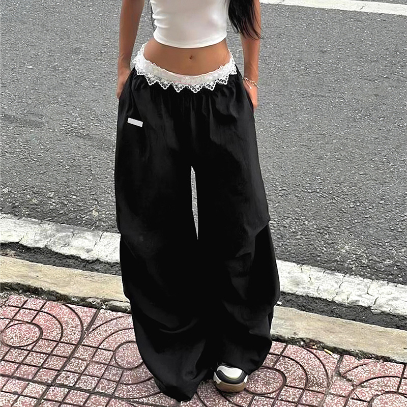 Lace Trim Contrast Waistband Utility Pants