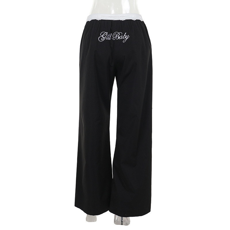 Lace Trim Contrast Waistband Utility Pants