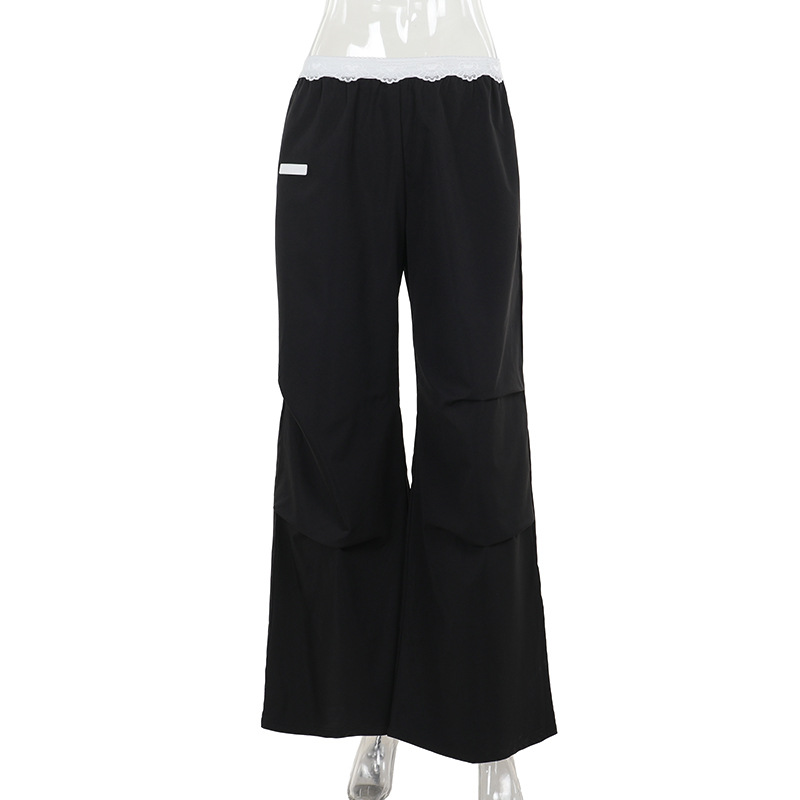 Lace Trim Contrast Waistband Utility Pants