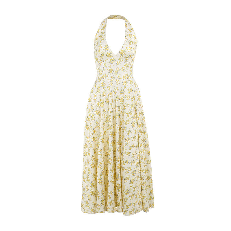 Halter Neck Open-Back Floral Print Maxi Dress