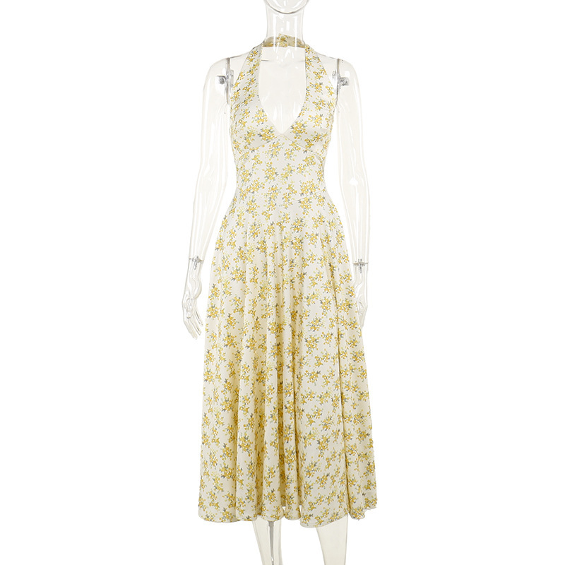 Halter Neck Open-Back Floral Print Maxi Dress