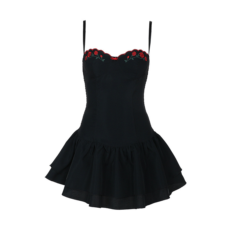 Spaghetti Strap Embroidered A-Line Mini Dress