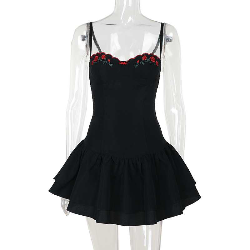 Spaghetti Strap Embroidered A-Line Mini Dress