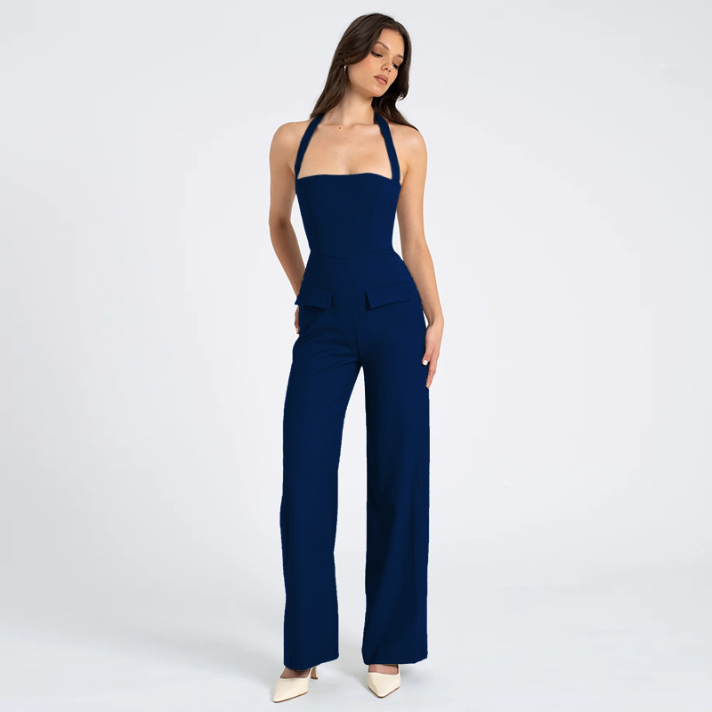 2025 Fall New Women's Halter Neck Flap Pocket Jumpsuit