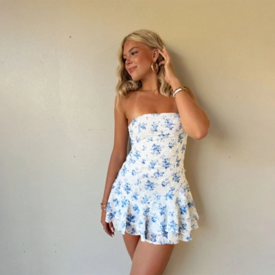 Strapless Floral Print A-Line Mini Dress 02