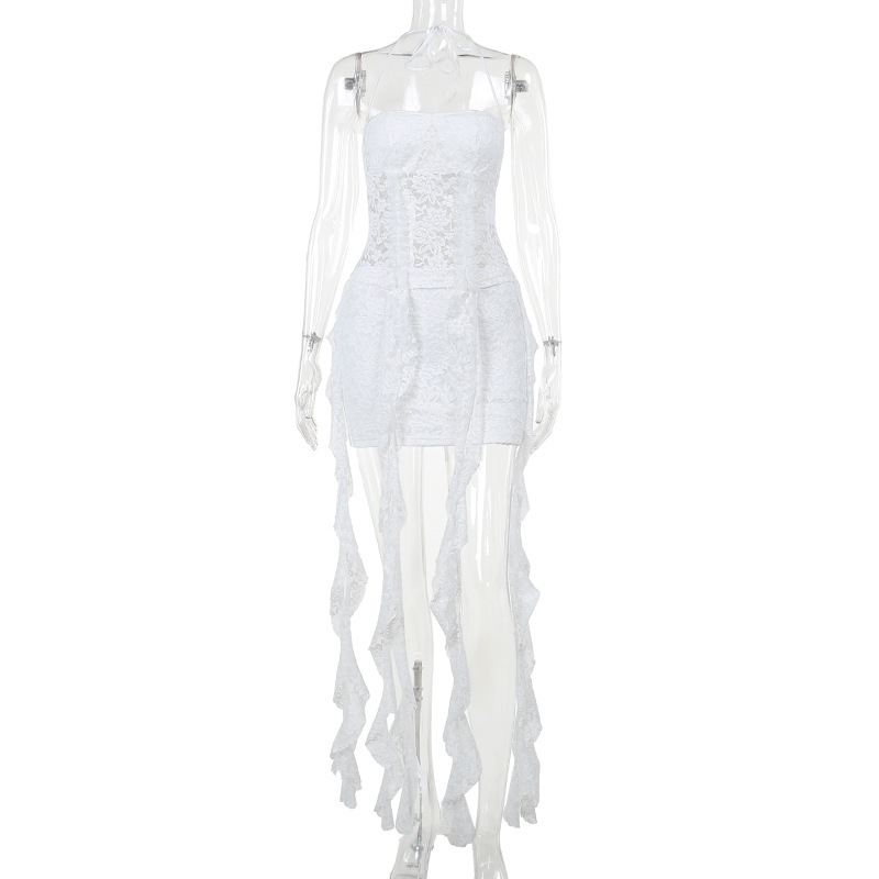 Halter Neck Lace Trim Top & High-Waisted A-Line Mini Skirt Set