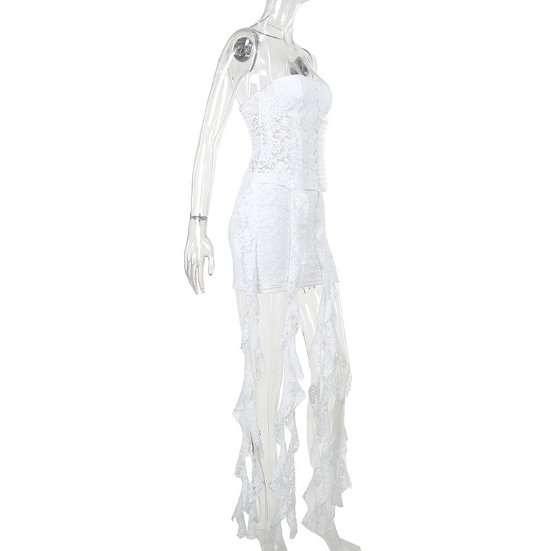 Halter Neck Lace Trim Top & High-Waisted A-Line Mini Skirt Set