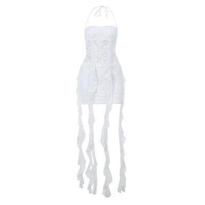 Halter Neck Lace Trim Top & High-Waisted A-Line Mini Skirt Set 01