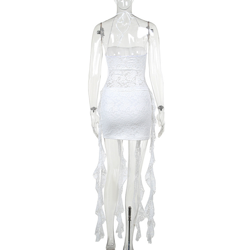 Halter Neck Lace Trim Top & High-Waisted A-Line Mini Skirt Set