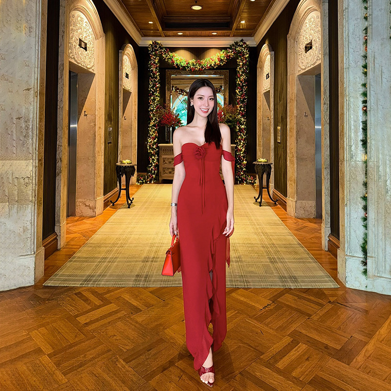 Ruffled Floral Print Side Slit Midi Dress