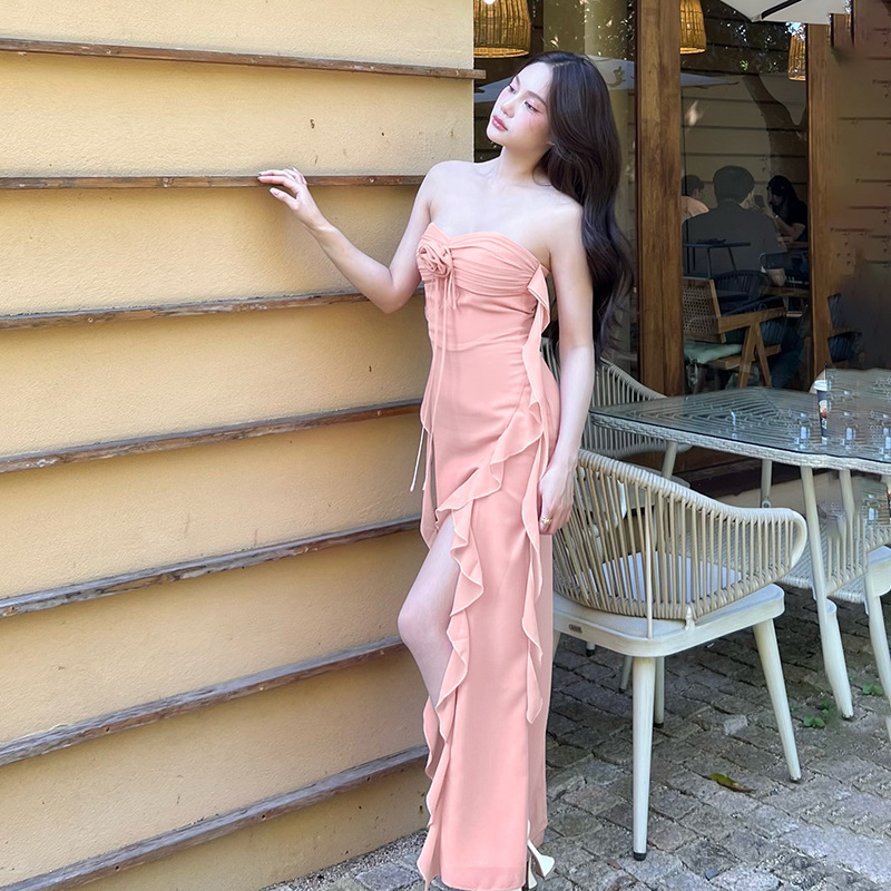 Ruffled Floral Print Side Slit Midi Dress