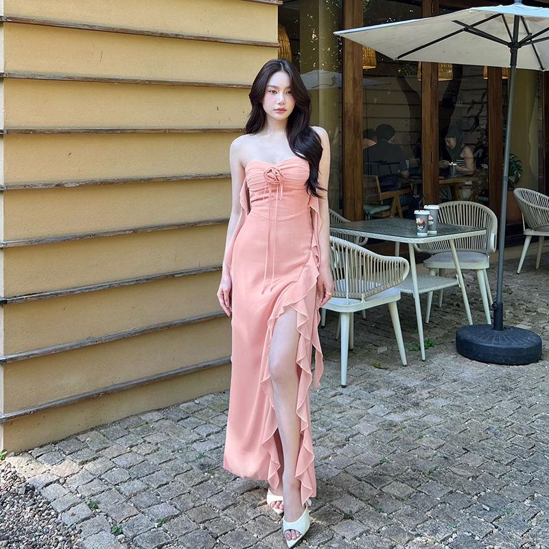 Ruffled Floral Print Side Slit Midi Dress