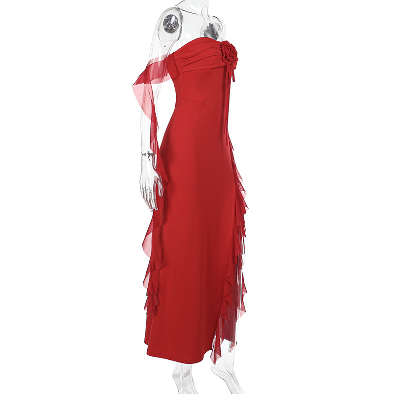 Ruffled Floral Print Side Slit Midi Dress