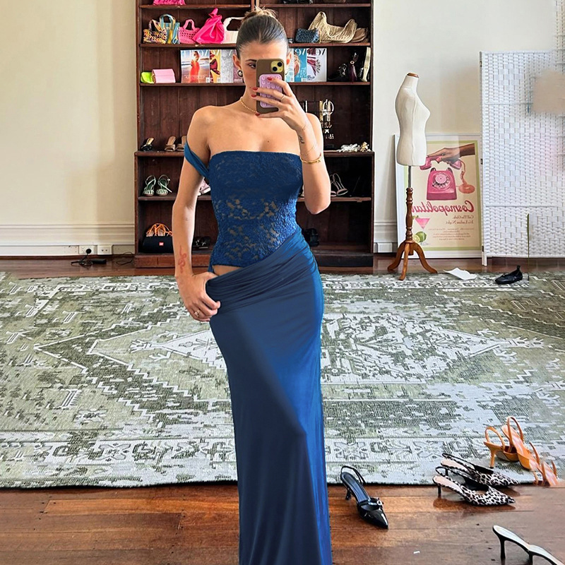 2025 New Women's Lace Insert Strap Maxi Dress