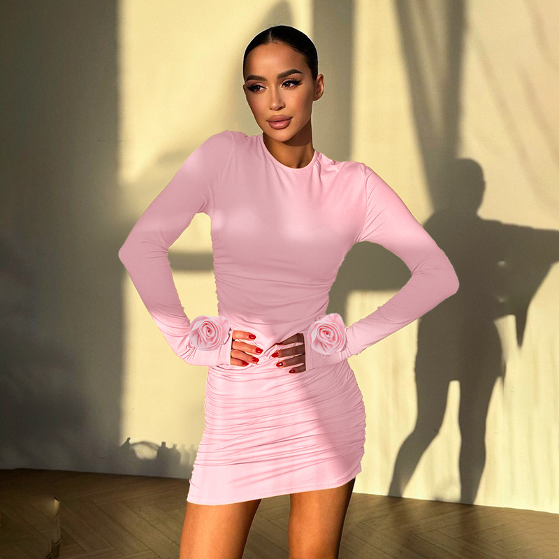 Autumn Women's 3D Flower Embellished Long Sleeve Pencil Dress